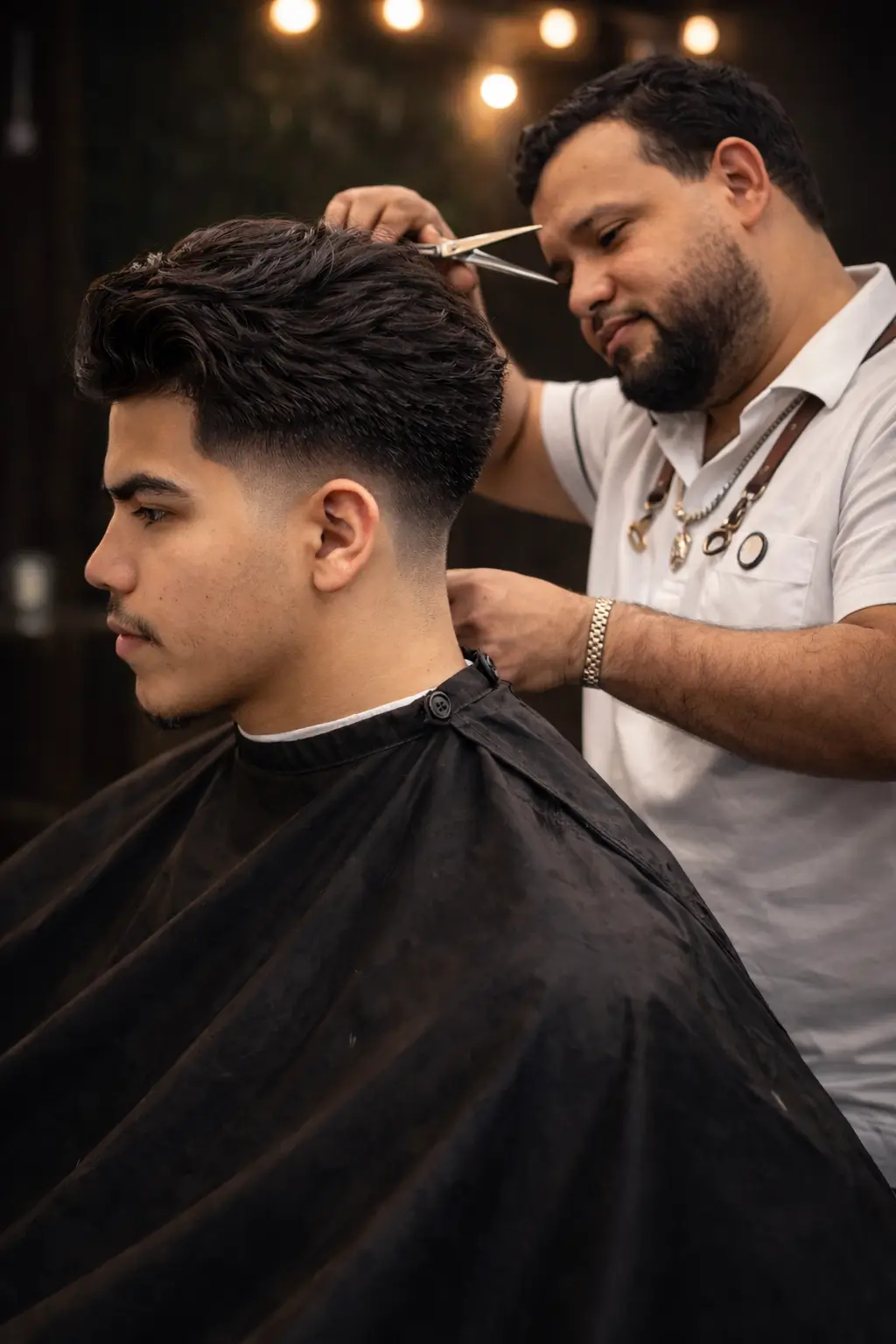 Corte de cabello profesional en barbería Latino Style con degradado moderno realizado por barbero experto